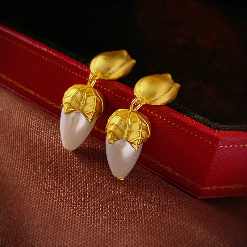 Vintage metal wind Tulip Flower Pearl 925 silver needle earrings Fashion high sense earrings women