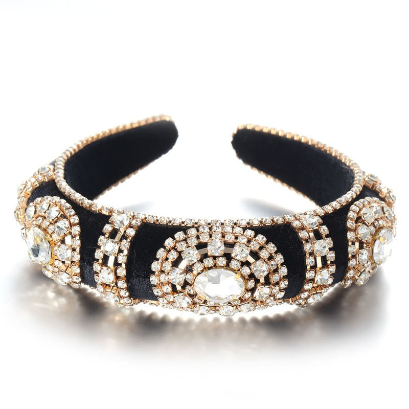 Fashionable retro golden velvet hair hoop with super sparkling color rhinestone sponge head hoop