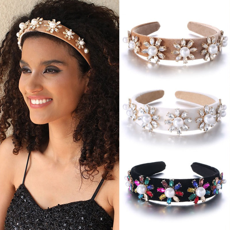 Baroque Large Pearl Flower Set with Colorful Diamonds Fashion Hair Hoop