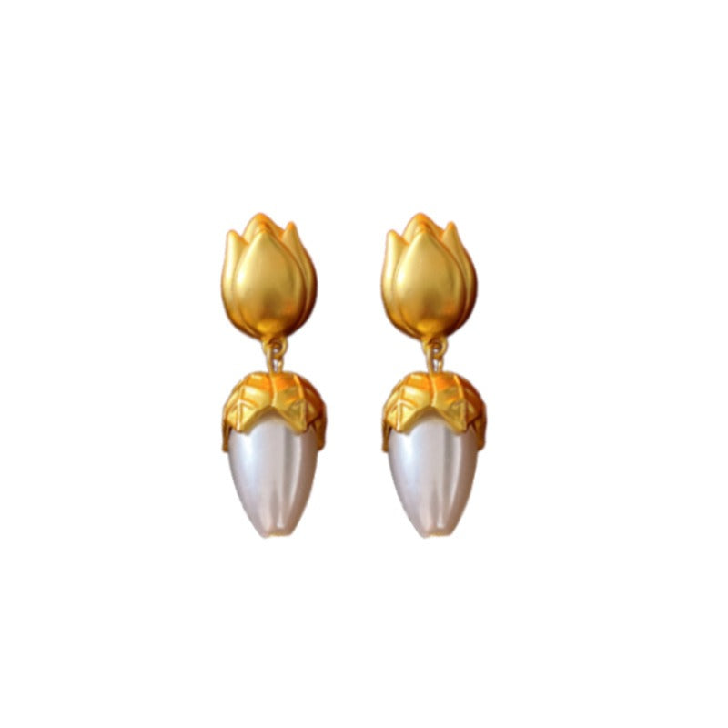 Vintage metal wind Tulip Flower Pearl 925 silver needle earrings Fashion high sense earrings women