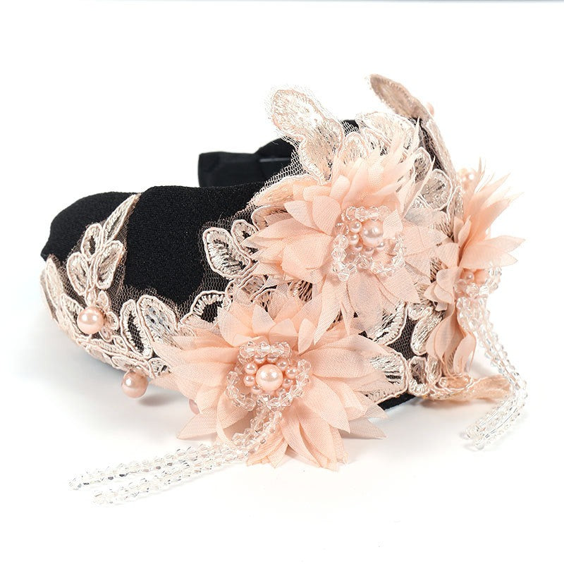 Hand embroidered three-dimensional simulation crystal flower headband pearl headband