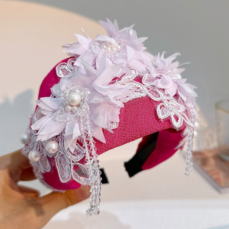 Hand embroidered three-dimensional simulation crystal flower headband pearl headband