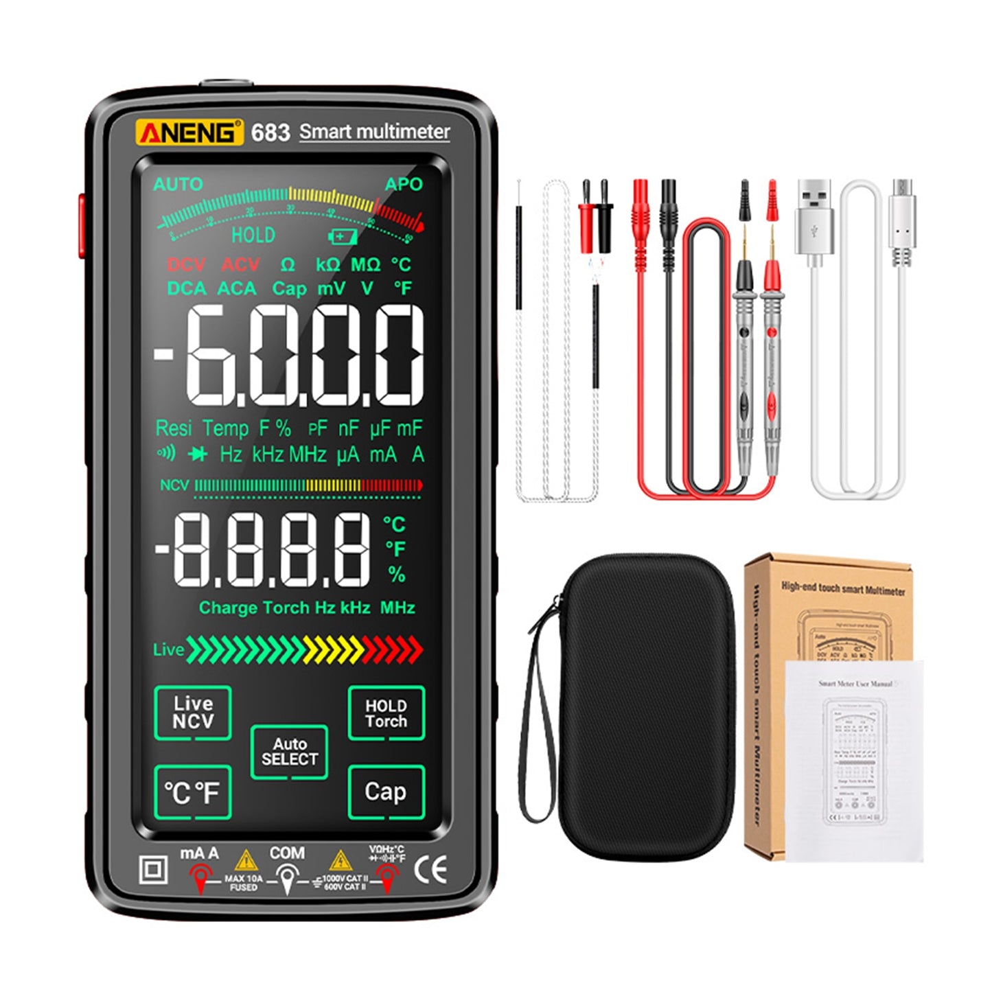 ANENG 683 6000 Counts Touch Screen Digital Multimeter Smart Anti-burn Rechargeable Universal Meter VA Reverse Display NCV Tester