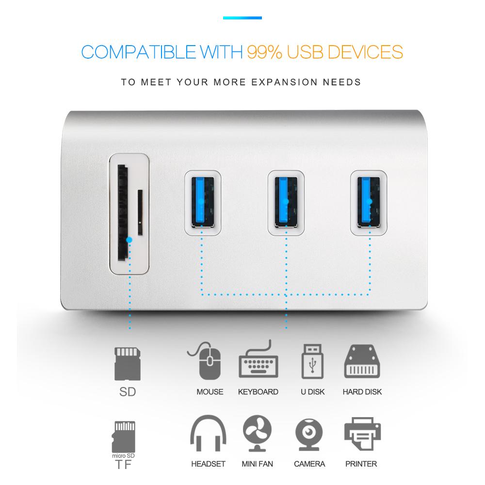 Rocketek USB HUB High Speed Aluminum 3 Port  Usb 3.0 Hubs/power Interfac with TF SD Card Reader for iMac MacBook Air Laptop