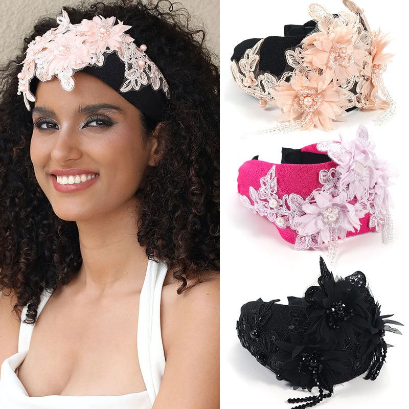 Hand embroidered three-dimensional simulation crystal flower headband pearl headband