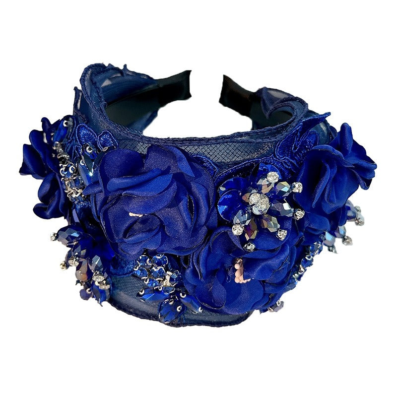 Fabric Flower Heavy Industry Wide Edge Crystal Headband Headband