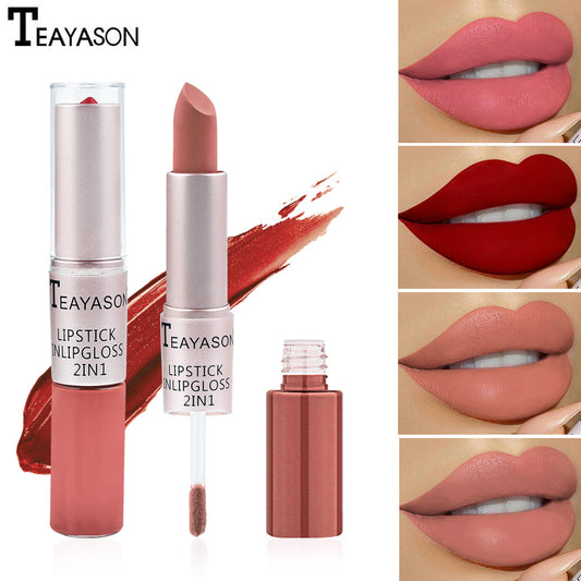 Double-Headed Non-Stick Cup Matte Matte Lip Gloss Two-In-One Matte Bean Paste Does Not Fade With Cup Lipstick Female