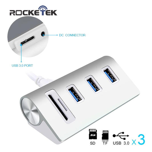 Rocketek USB HUB High Speed Aluminum 3 Port  Usb 3.0 Hubs/power Interfac with TF SD Card Reader for iMac MacBook Air Laptop