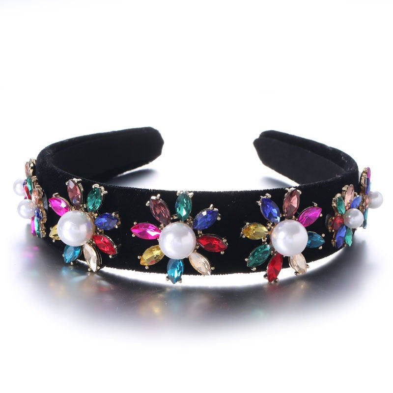 Baroque Large Pearl Flower Set with Colorful Diamonds Fashion Hair Hoop