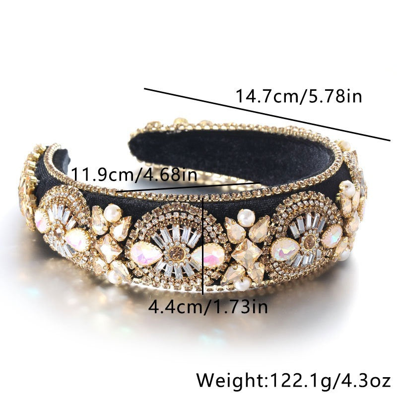 Super Sparkling Diamond Pearl Hair Hoop Baroque Retro Women's Sponge Head Hoop