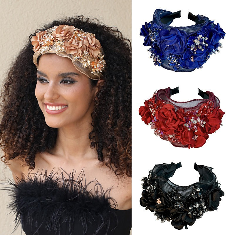 Fabric Flower Heavy Industry Wide Edge Crystal Headband Headband