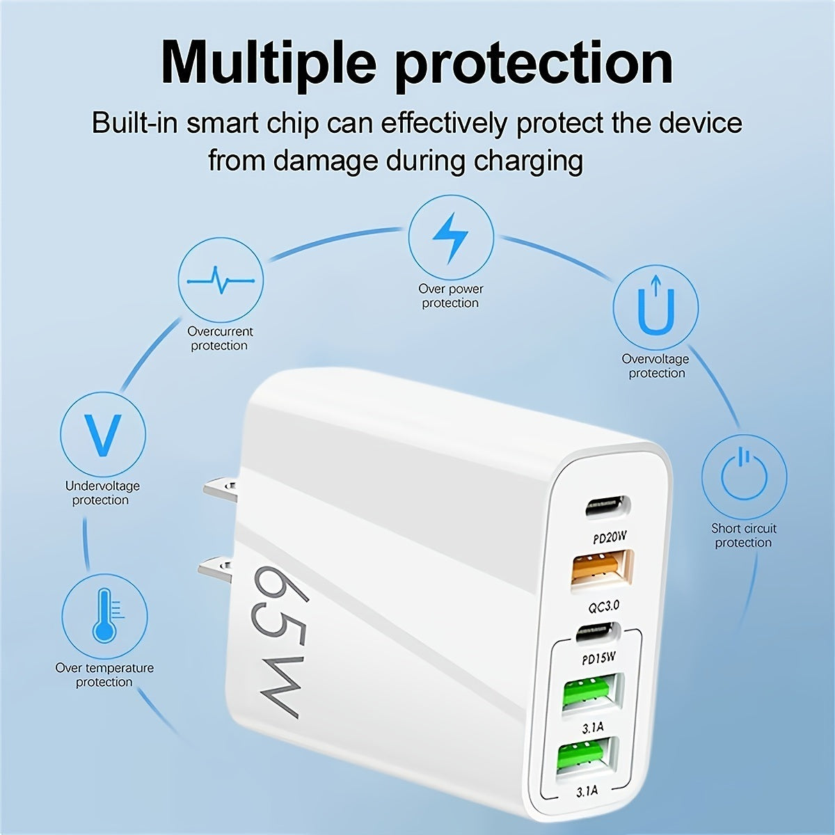 PD 65W Fast Charging For All Phone Quick Charging Multi-Ports Charging Head PD+3USB Ports Adapter